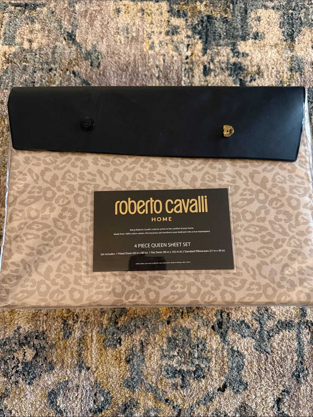 NWT Roberto Cavalli Beige Leopard Print 4-Piece Queen Sheet Set